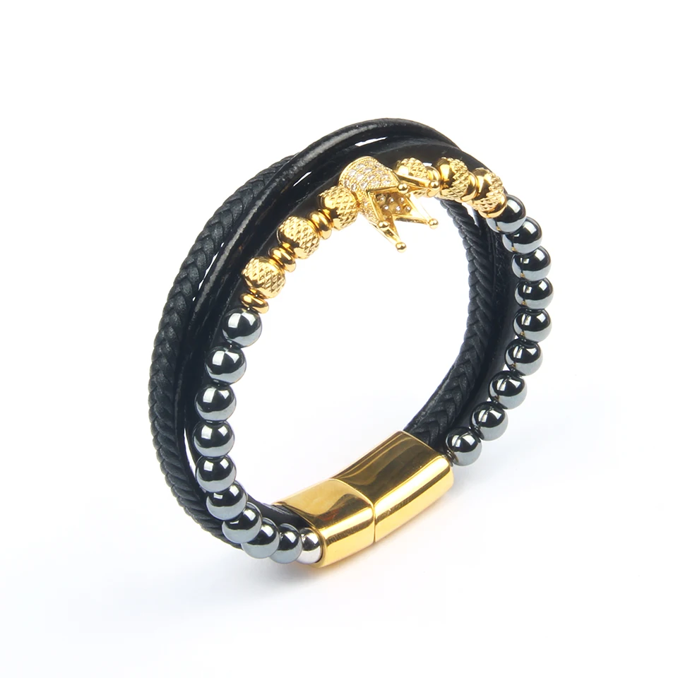 REAMOR 8 316l Stainless Steel Skull Beads 8mm Genuine Leather Braided Bracelet Bangles with Magnet Clasp