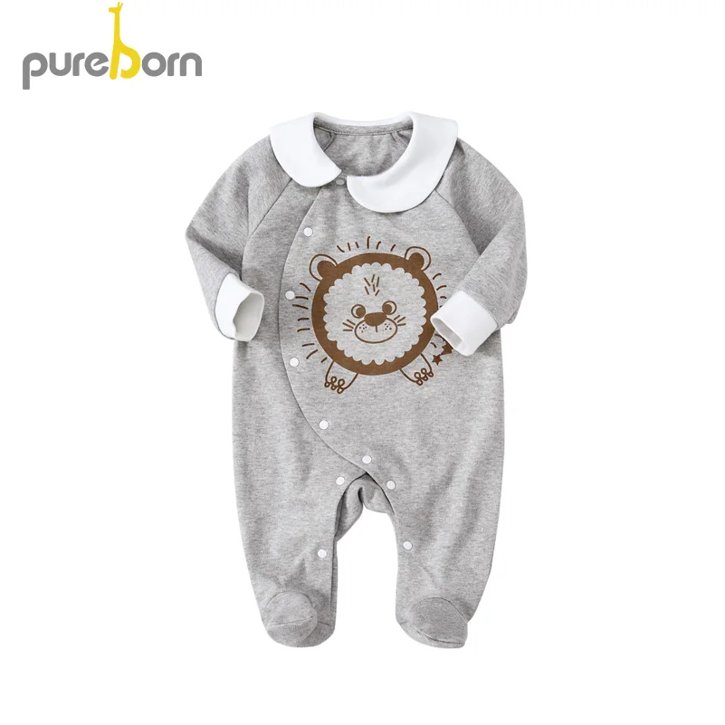 Pureborn/ хлопковые Ползунки для новорожденных мальчиков и девочек; весенние комбинезоны; Верхняя одежда; одежда для сна с рисунками животных из мультфильмов - Цвет: Gray