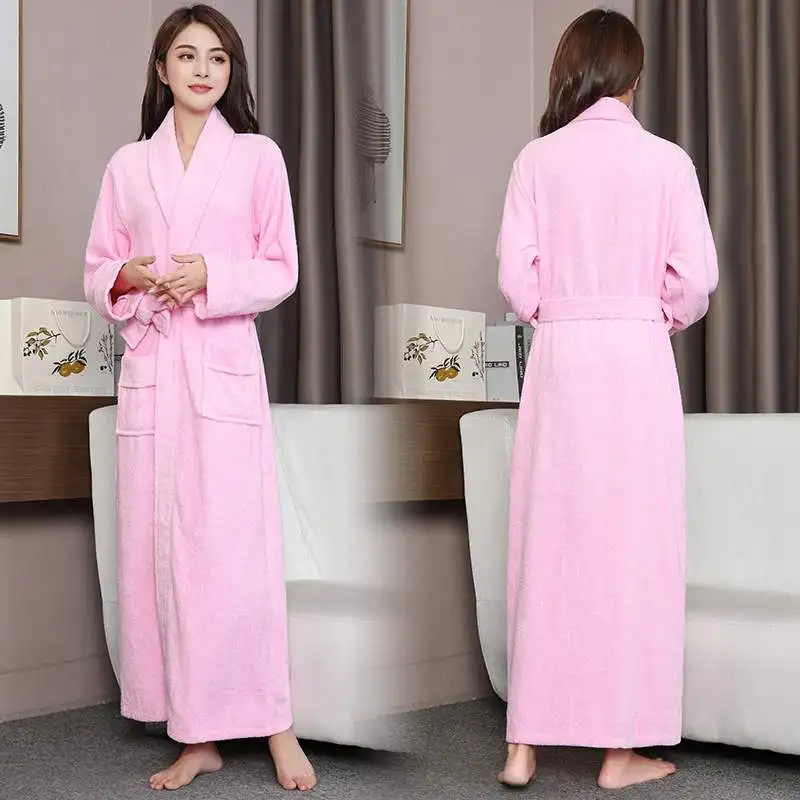 Cotton Toweling Terry Extra long Extra thick Robe blue Bath Robe Women Nightrobe Sleepwear Casual Home Bathrobe халат