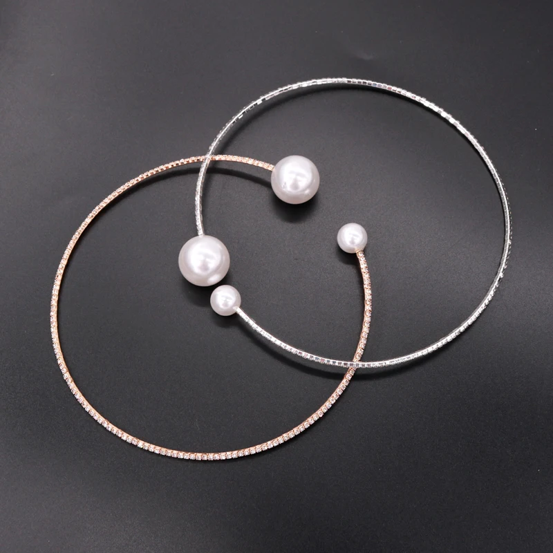 Wholesale 5pcs/lot Imitation Double Pearl Crystal Necklace 37cm Gold And Silver Prong Setting Multi Rhinestone Women Accessories