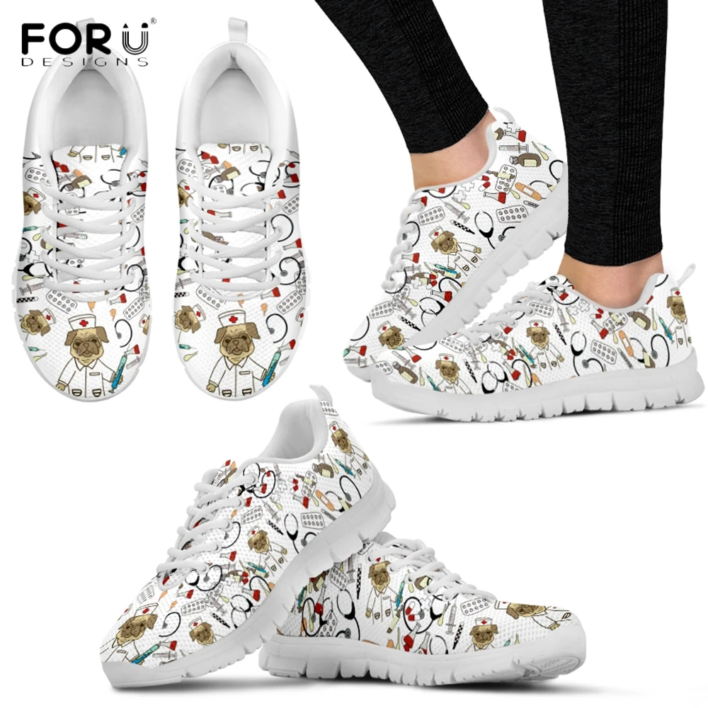 

FORUDESIGNS Funny Cartoon Nurse Pug Dog/Puppy Print Woman's Flats Shoes Breath Spring/Autumn Lace Up Sneakers Light Female Flat