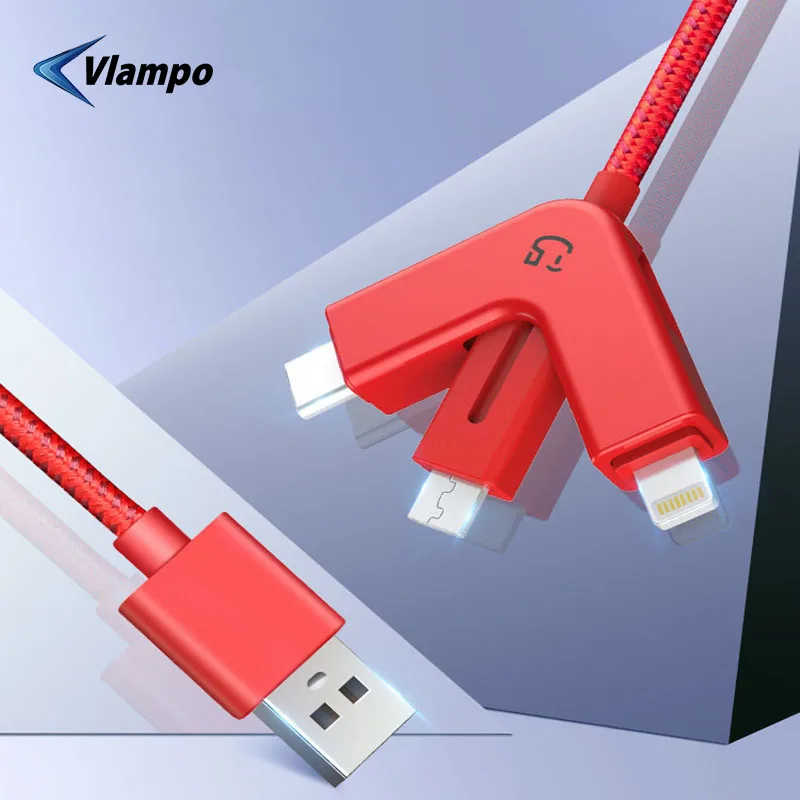

VLAMPO Triple USB Cable Mobile Phone Charger Data 3 In 1 Universal Retractable Power For Iphone Android Type C Micro Connector