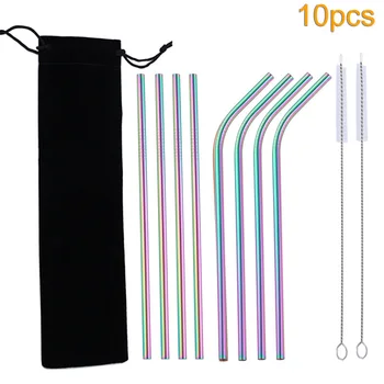 

10Pcs Reusable Metal Drinking Straws Cleaning Brush Set Stainless Steel Straight Drinks Straw Słomki Popote Straws