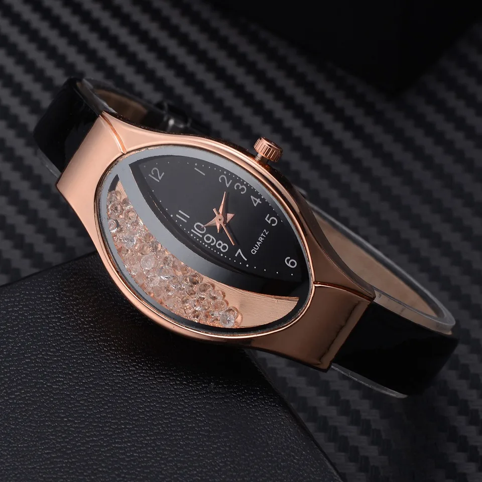 Women Fashion Luxury Watch Leather Strap Women Bracelet Clock Ellipse Rhinestone PU Sport Quartz Watch Wrist Watches For Women