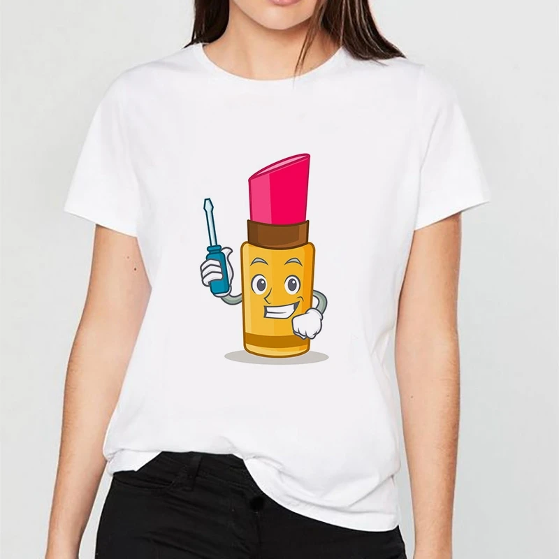 Summer Casual Women T shirts Lipstick cartoon image Printed Fashion clothing Harajuku Casual Korean Style Tops female Tee