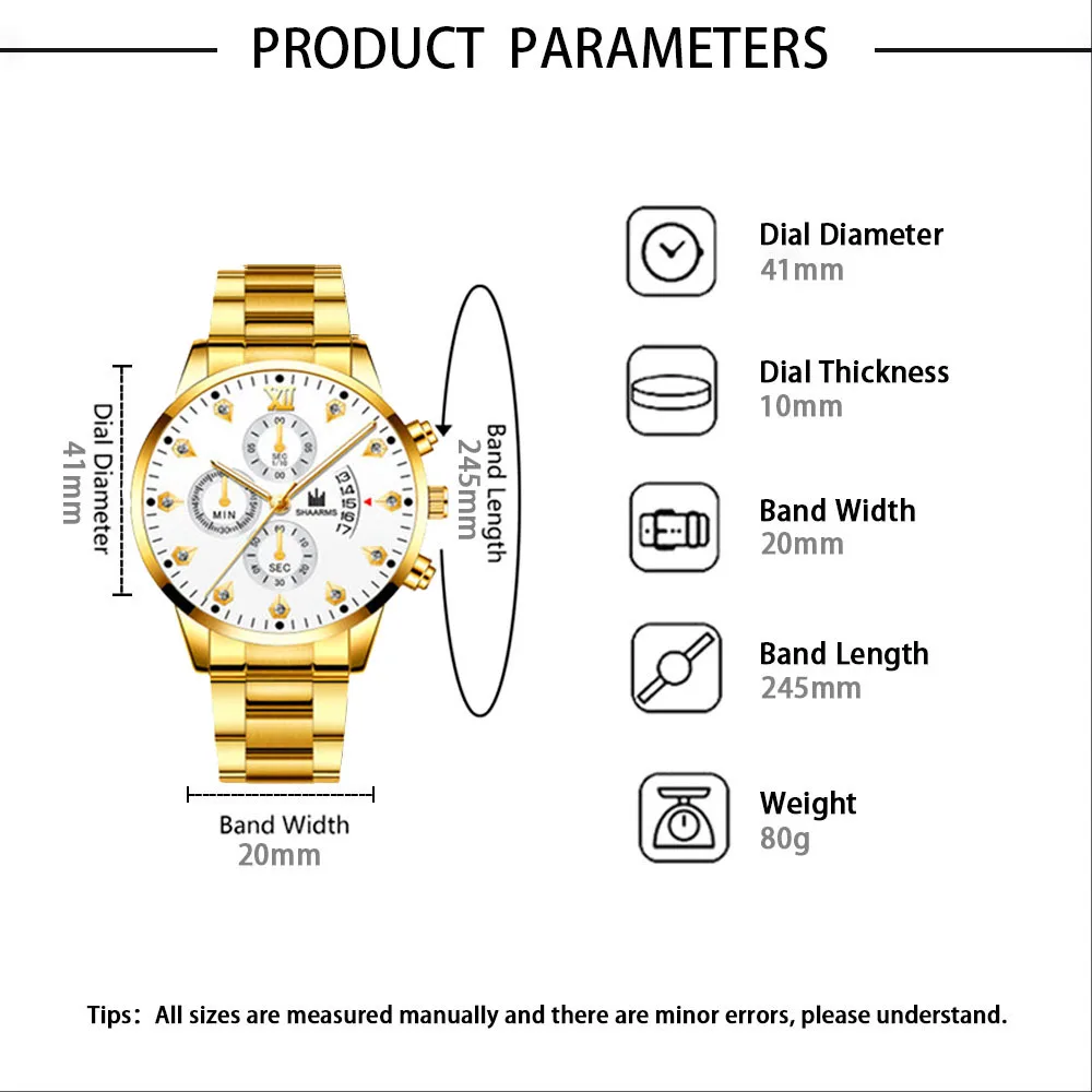 2021 Luxury Brand SHAARMS Alloy Strap Men's Watch Diamond Waterproof Quartz Watch for Men's Analog Three-eye Calendar Male Clock
