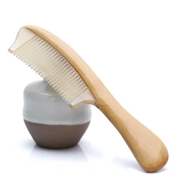 

First Heart Long Handle Gold Sandalwood Horn Comb Acer Wood Household Anti-static Massage Comb Head Wide Fine Tooth Comb Bath