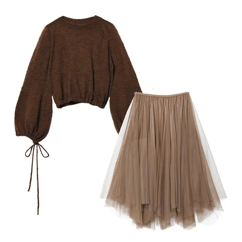 

Mesh Half-Body Skirt Two Pieces Suit Women Round Neck Long Sleeve Black Loose Tide Spring Autumn Set