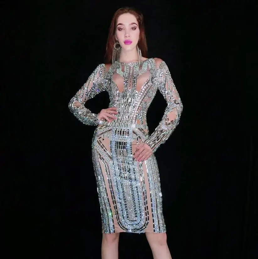 

Fashion Sparkly Glass Rhinestones Dress Evening Party Wear Long Sleeves Prom Nude Gray Dress Birthday Celebrate Diamons Dresses