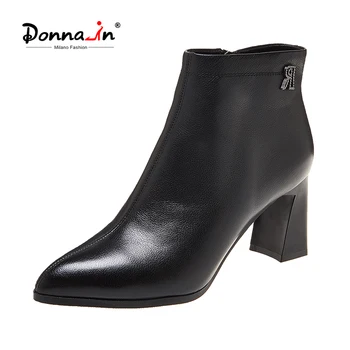 

Donna-in Genuine Leather Elegant Black White Heeled Ankle Boots Side Zipper Pointed Toe Fashion Women Autumn Shoes Ladies
