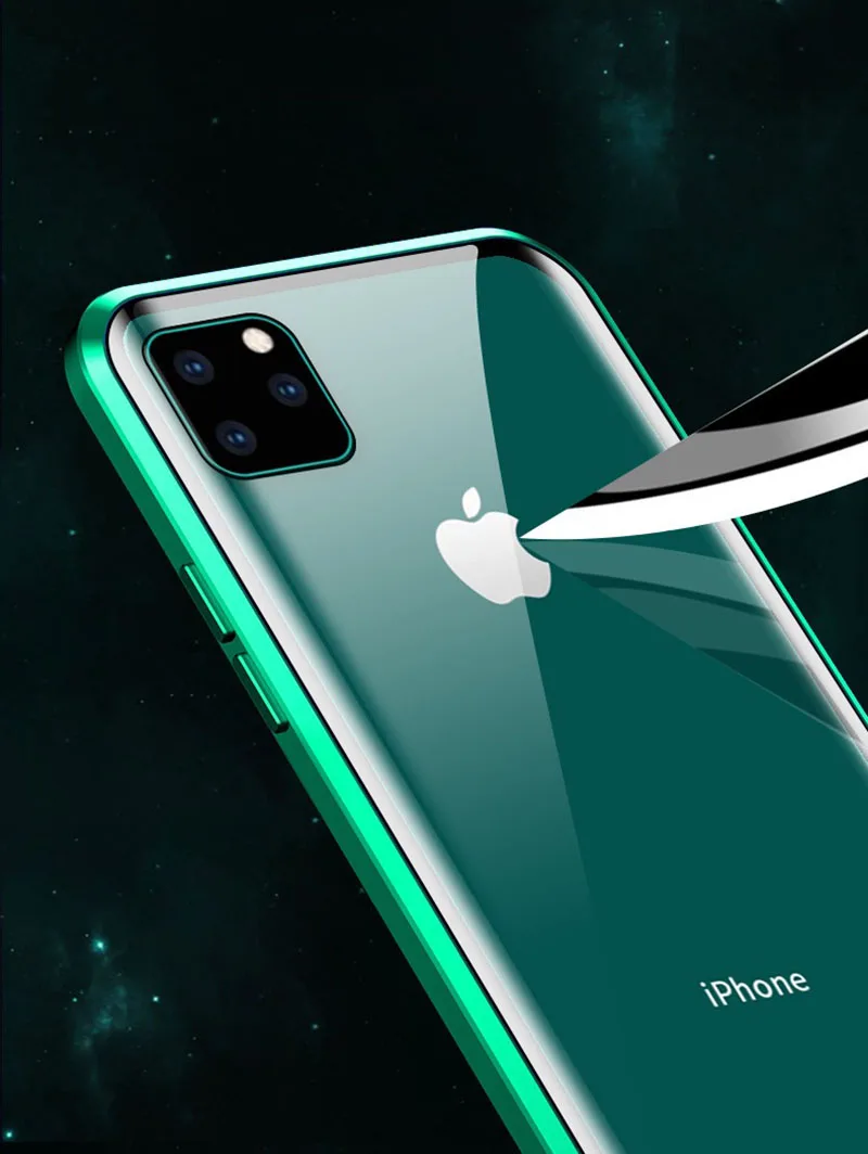 Металлический магнитный чехол для iPhone 11 X XR XS макс. закаленное стекло задний магнит Защитные чехлы для iPhone 11 Pro Max Магнитный чехол