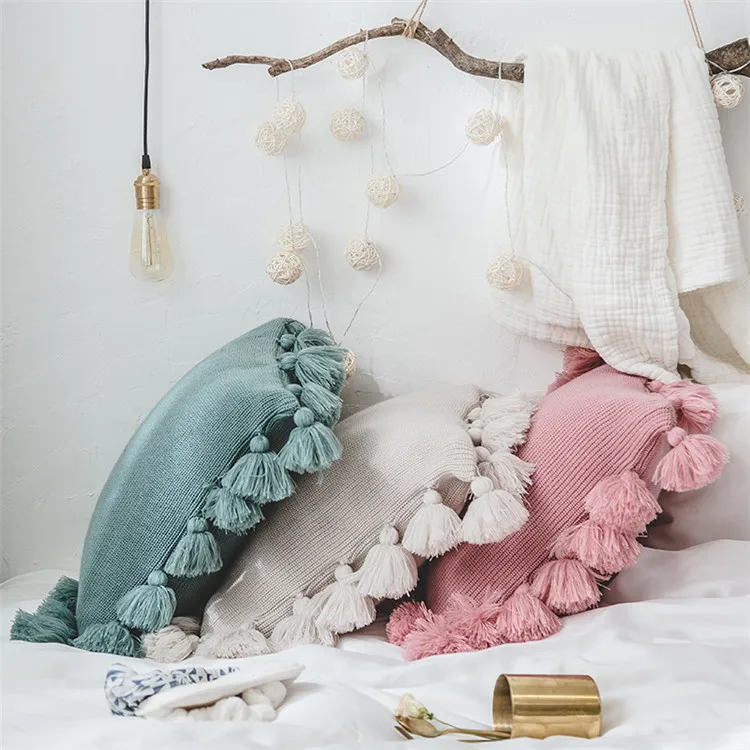 Вязаные чехлы для подушек одноцветное диван ждет Подушка Чехол Спальня декоративный чехол на подушки с кисточками для женщин; квадратная крышка kussenhoes