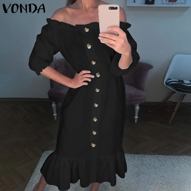Богемное длинное платье VONDA, женский летний сарафан с открытыми плечами, женские вечерние платья с рукавом-бабочкой размера плюс