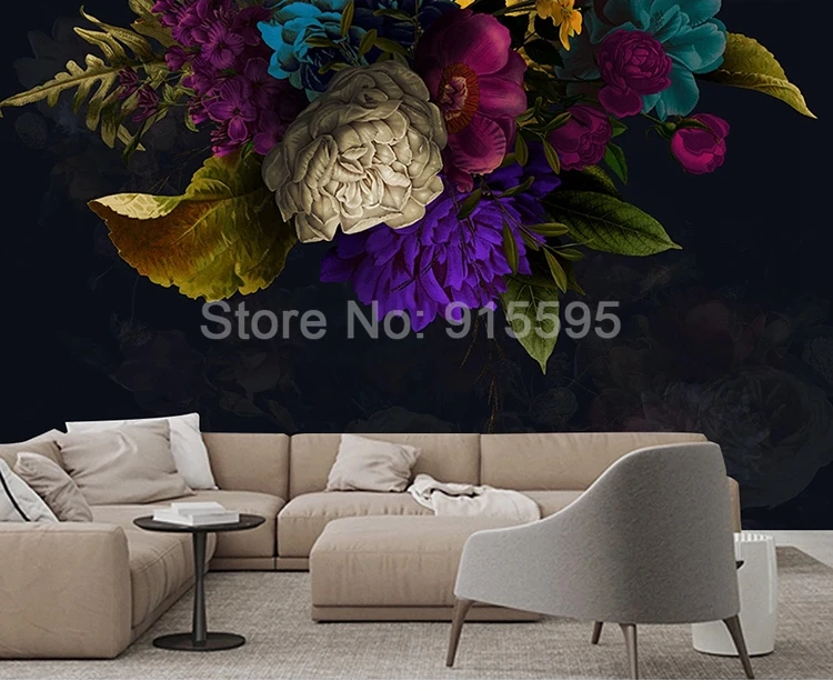 Custom Wall Mural Retro Flower Black Background Wall Decoration Painting Hotel Study Room Bedroom Wallpaper Papel De Parede 3D