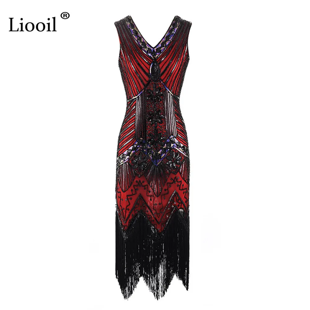 Wine Red Liooil, винтажное, с блестками, с кисточками, сексуальное, бодикон, миди платье размера плюс, женское,, без рукавов, v-образный вырез, облегающие платья, женские, вечерние, для ночного клуба - Цвет: Wine Red