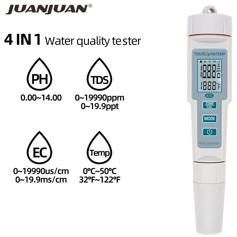 4 In 1 Water Quality Tester PH EC TD-S Temperature Meter Backlight PH-686 S3U7 
