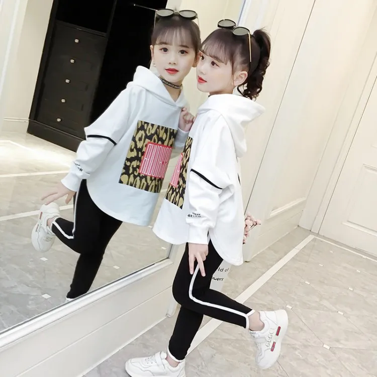 

2019 Spring Childrenswear GIRL'S Suit Korean-style Batwing Shirt Girls Sports Hoodie Two-Piece Set Big Boy Clothes Fashion