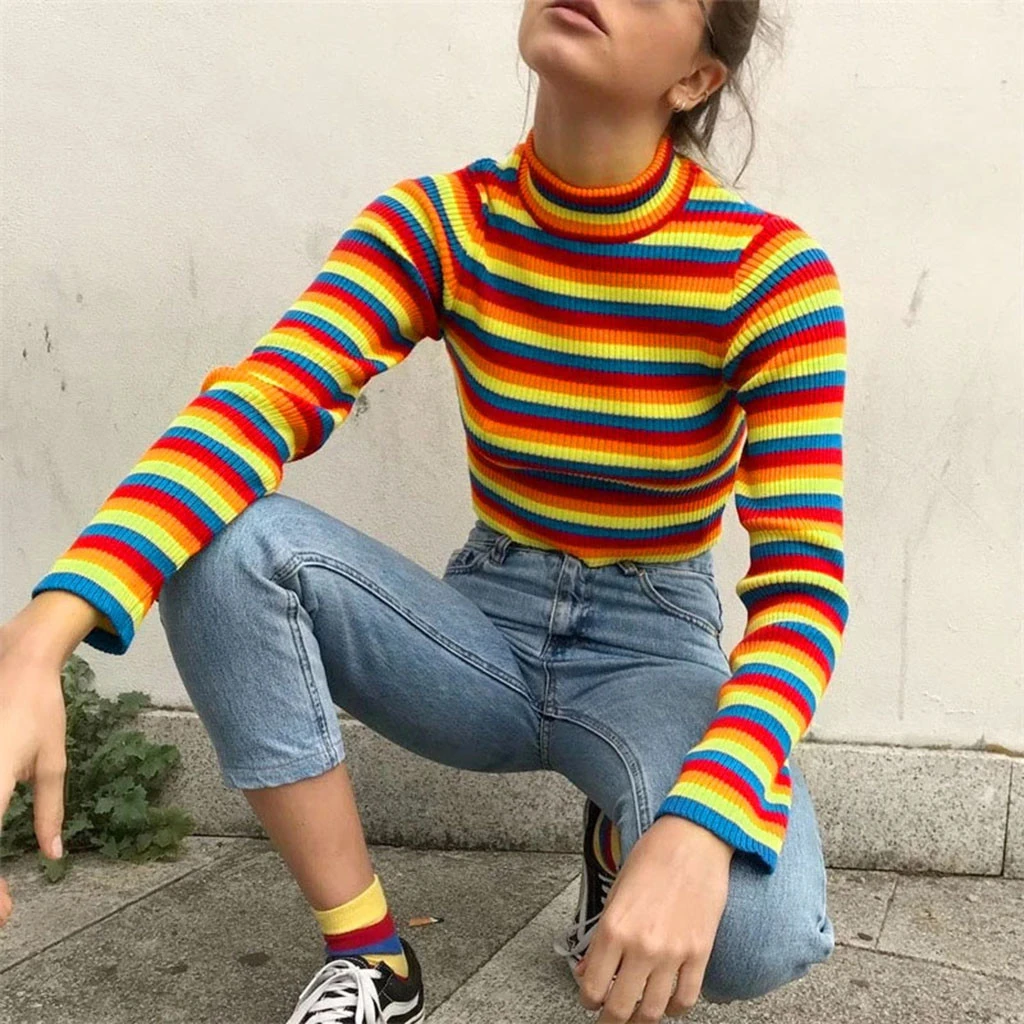 

Woman Colorful Striped Blouse Plus Size Colorblock Shirt Split Long Sleeve Knit Blouse Blouse Retro Autumn Casual Tops 814