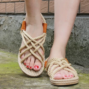 

Women Sandals New 2020 Contracted Rome Stagger Hemp Rope Women Sandals Casuals Gladiator Cross Tied Women Shoes