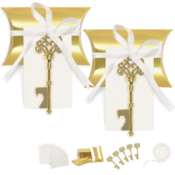 

50 Set Wedding Favors for Guests Party Favor Vintage Key Bottle Opener with Escort Card Tag and Satin Ribbon