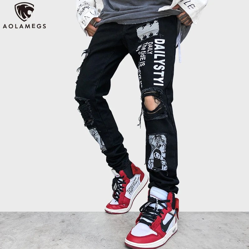 

Aolamegs Men Hole Jeans Zipper Letter Printed Denim Ripped High Street Streetwear Hip Hop Homme Jeans Harajuku Pants for Men