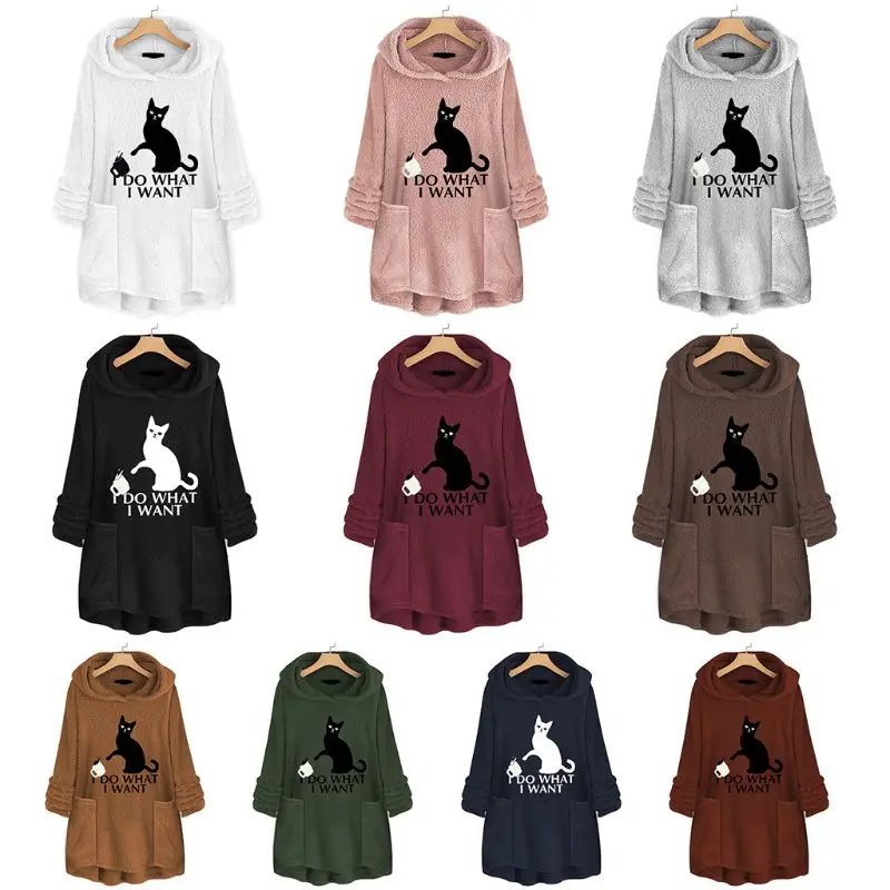 Womens Plus Size Winter Thicken Plush Hooded Sweatshirt Cute Lazy Cat Cartoon Printed Loose Asymmetric Hem Tunic Tops M-5XL