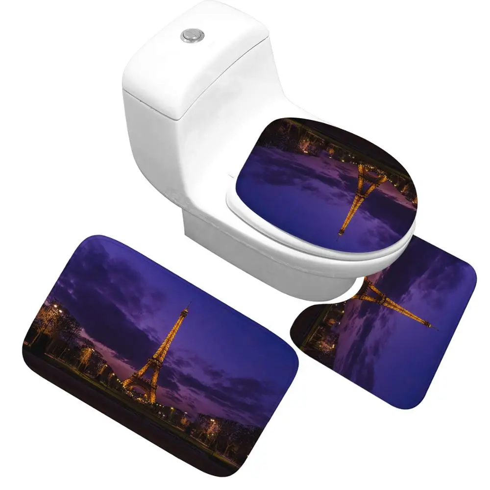 Zeegle Creative Tower Printing Non-slip Bathroom Carpet Base Carpet Cover Toilet Cover Bathroom Mat Set