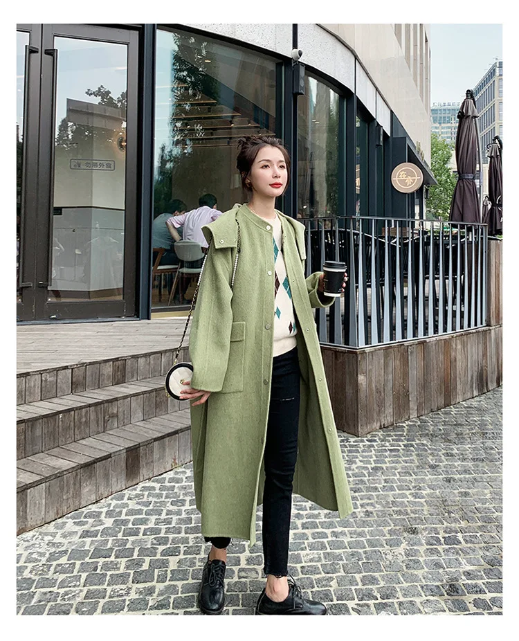 Acz19 Winter Hat Removable Shoulder Green Woolen Jacket Korean-style Loose And Plus-sized Hooded Long Woolen Overcoat