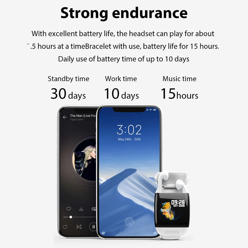 2 IN 1 Smart Watch Bluetooth Earphone TWS Wireless HiFi Earpods Noise Reduction Call Touch Control Earbuds For Health Management