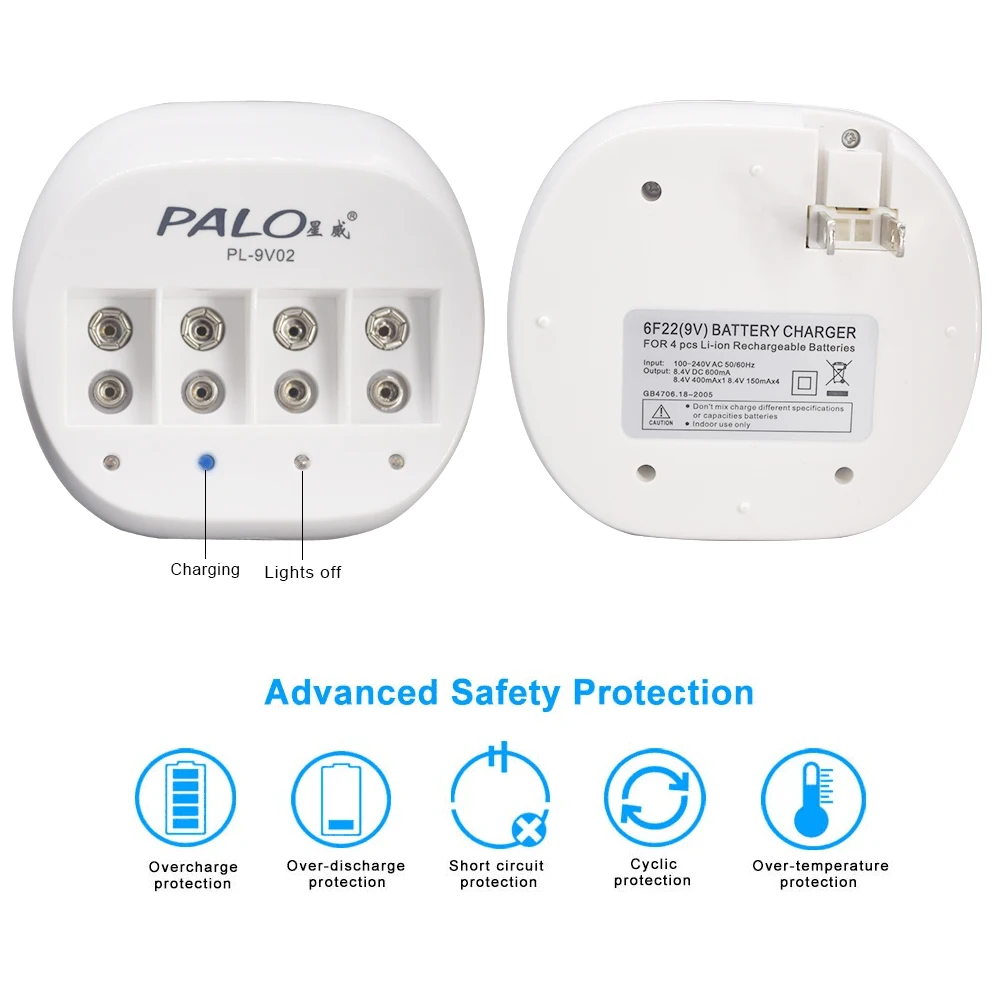 Зарядное устройство PALO Smart C822 4 слота перезаряжаемое 9 В зарядное для 6F22 литиевая