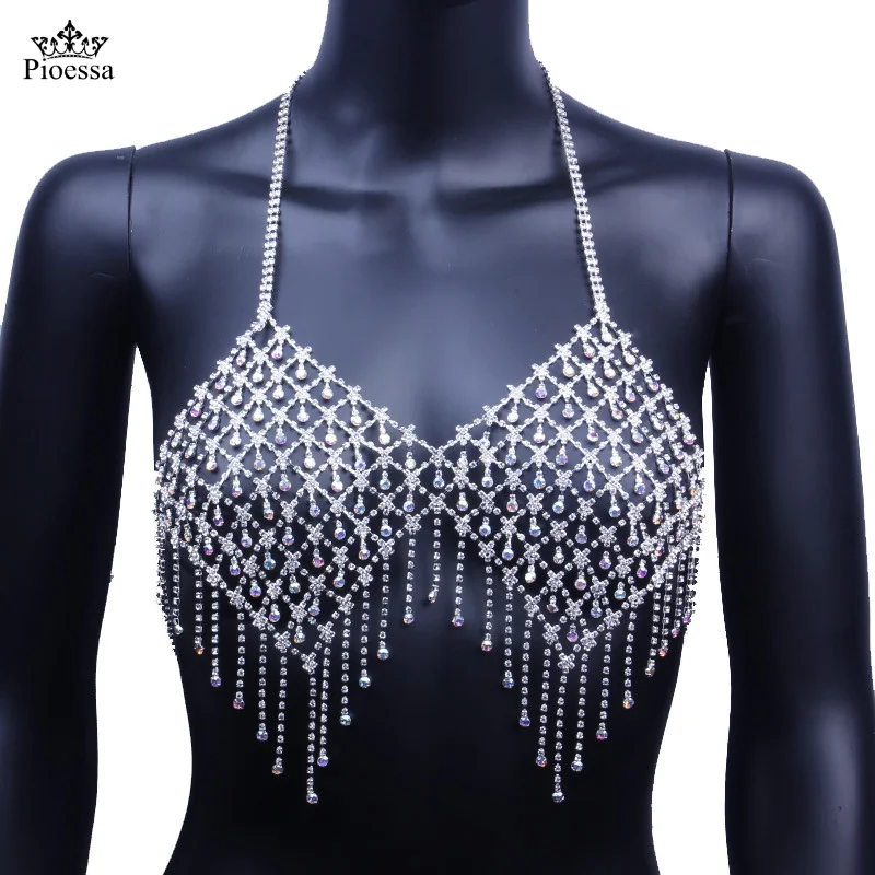 

Sexy Crystal Rhinestones Long Tassel Body Jewelry Fashion Bikini Chain Underwear Bra Design Summer Beach Body Necklace Jewelry