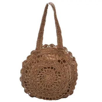 

New Fashion Women Summer Round Rattan grass Bags Beach Shoulder Bags Handbag Light Brown