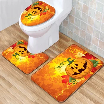 

3Pcs Set Bathroom Mat Set Pumpkin Pattern Anti-Slip Kitchen Bath Mat Carpet Toliet Cover Set Pedestal Rug Halloween Decor