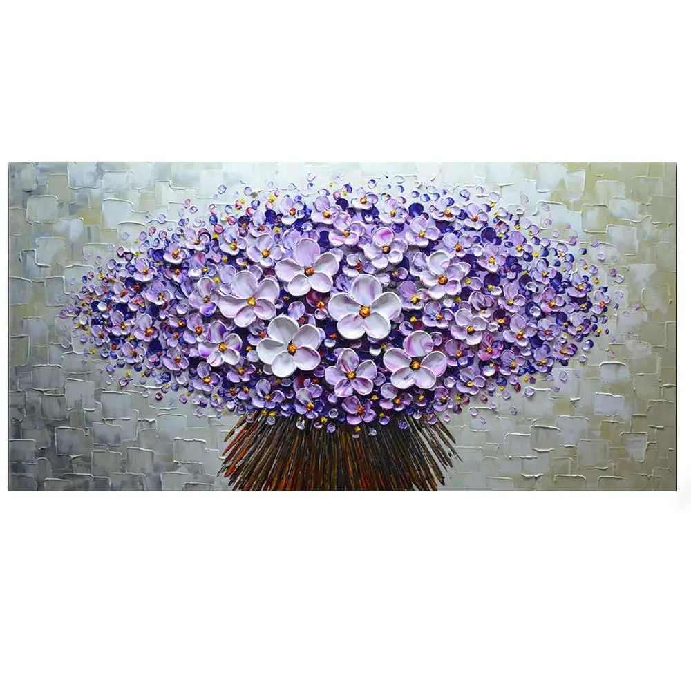 Modern Canvas Art Textured Purple Flower Oil Painting Contemporary Artwork Floral Wall Decoration Abstract | Дом и сад