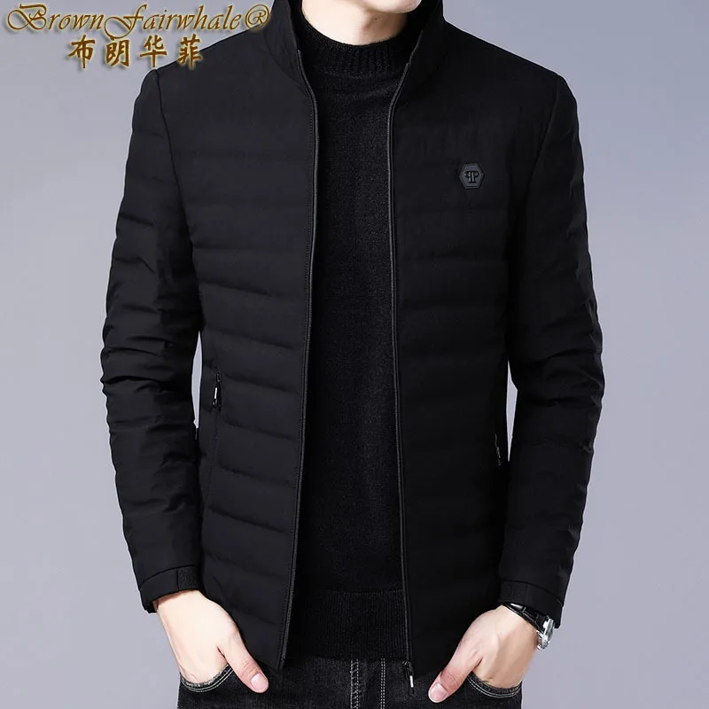 Brownfairwhale стиль зима Slim Fit Стенд воротник корейский стиль толстый пуховик ветрозащитная Повседневная мотоциклетная куртка мужская