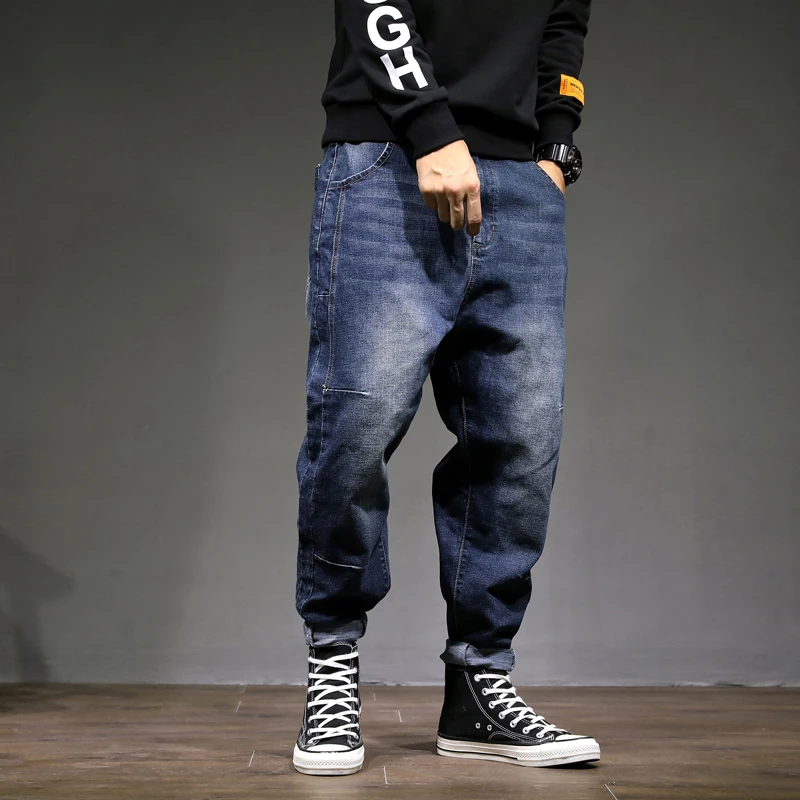 Японский стиль, модные мужские джинсы, свободные, с вышивкой, дизайнерские, сплайсированные, шаровары, уличная одежда, хип-хоп джинсы, мужские брюки-карандаш