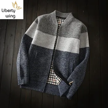 

Autumn Winter Thick Fleece Liner Mens Warm Sweaters Casual Long Sleeve Zipper Stand Collar Panelled Striped Male Open Stitch