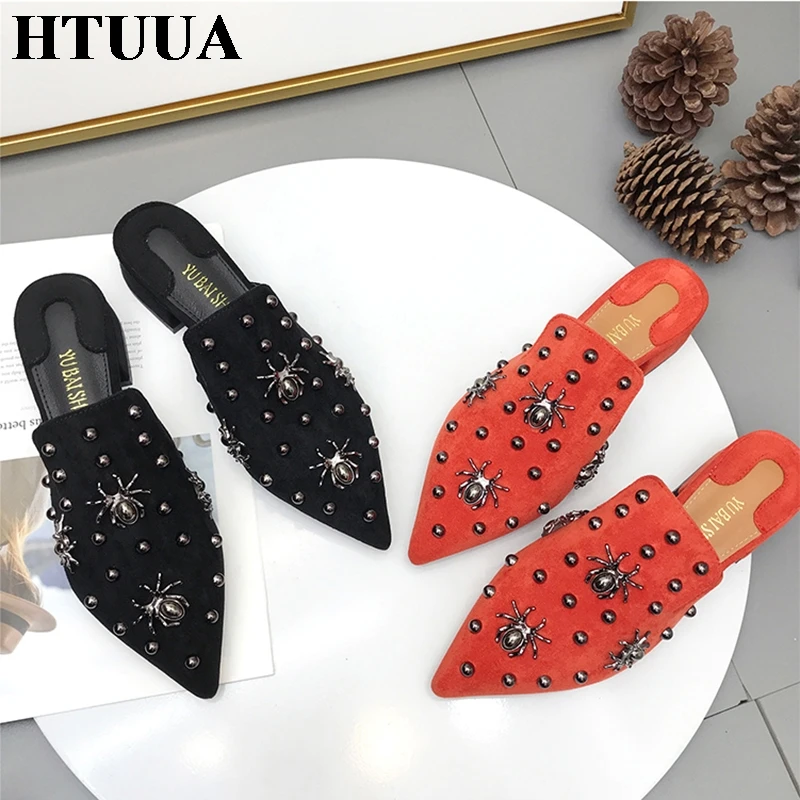 HTUUA/Модная женская обувь из флока с острым носком; женские шлепанцы; туфли без задника на не сужающемся книзу массивном каблуке; женские шлёпанцы с украшением в виде паука; SX3130