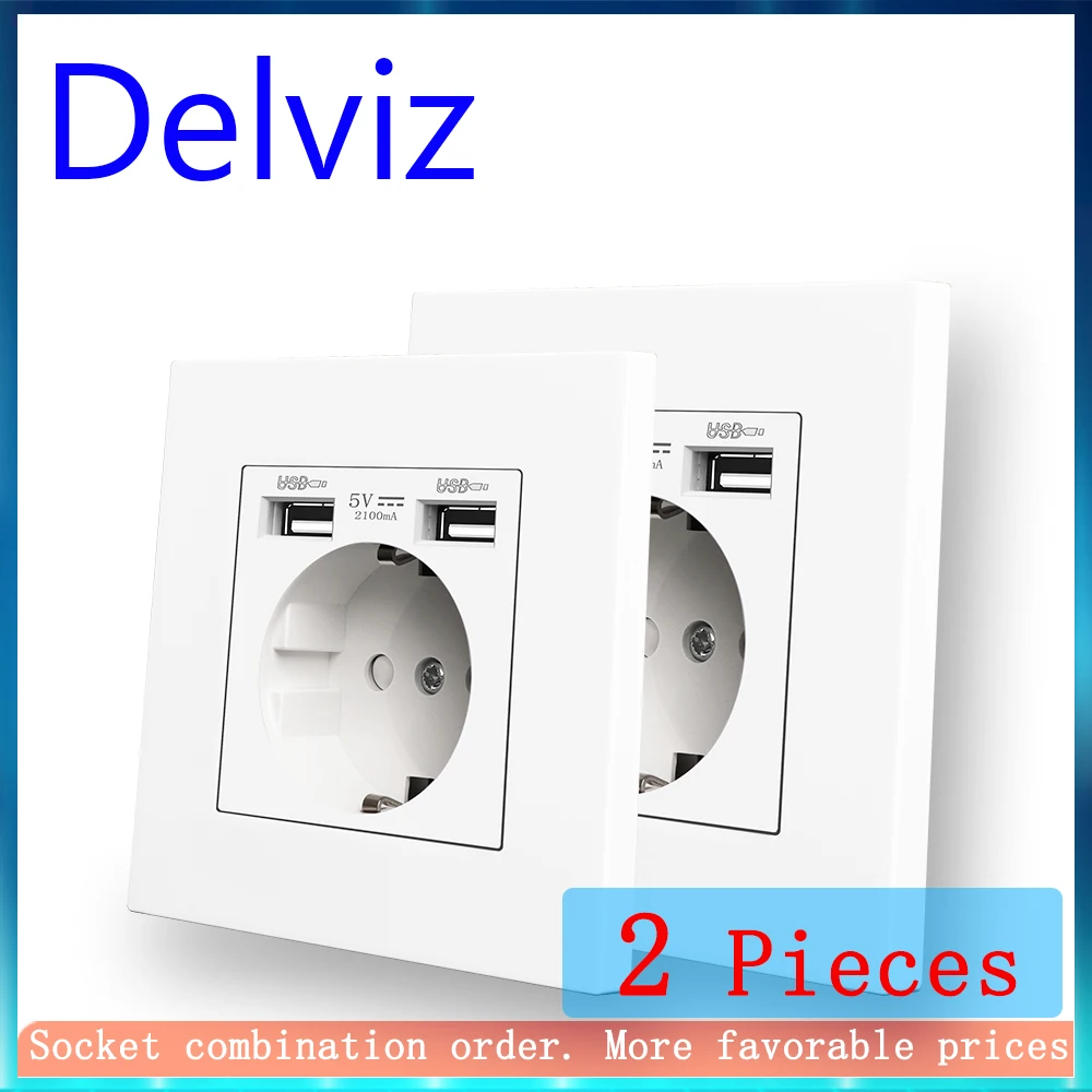 เต้ารับชาร์จ Delviz Dual USB, ปลั๊กไฟ AC 110 ~ 250V, แผงวัสดุ PC สีขาว, อินเทอร์เฟซ USB 2A, ซ็อกเก็ตผนังมาตรฐาน EU 16A 1