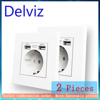 Delviz Dual USB charging Outlet, AC 110~250V Power Jack, White PC material panel, 2A USB interface, 16A EU Standard Wall Socket 1