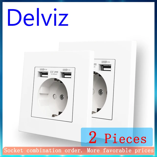 เต้ารับชาร์จ Delviz Dual USB, ปลั๊กไฟ AC 110 ~ 250V, แผงวัสดุ PC สีขาว, อินเทอร์เฟซ USB 2A, ซ็อกเก็ตผนังมาตรฐาน EU 16A 1