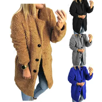 

women fashion fleece teddy coat winter warm buttons long jacket street wear