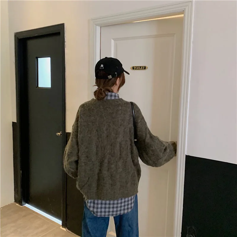 Women's Classic Plaid Casual Bow Collar Shirt Female Korean Twist Wild Loose O-neck Knit Pullover Sweater Two-piece Tops ML235