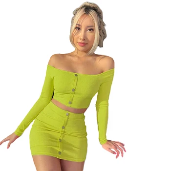 

Sexy Off Shoulder Two Piece Set Solid Button Bodycon 2Piece Set Women Long Sleeve Crop Top And Skirt Summer Autumn Sets