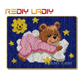 

Latch Hook Rug Kits Crocheting Carpet Rug Pink Teddy Bear Acrylic Yarn Pre-Printed Canvas Cushion Mat Crochet Tapestry Crafts