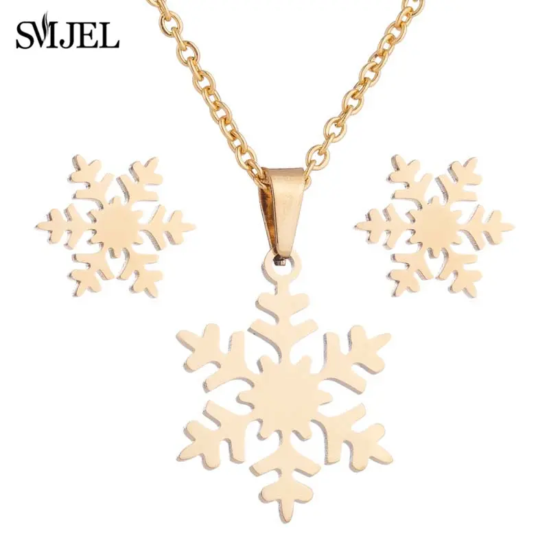 Smjel Stainless Steel Sets For Women Snowflake Butterfly Fish Bone Chain Necklace Stud Earrings Jewelry Set New Year Gift