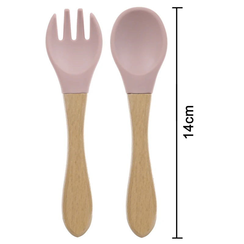 2pcs Kids Soft Silicone Feeding Solid Food Wooden Handle Spoon Fork Food Grade Baby Health Children's Tableware 4