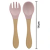 2pcs Kids Soft Silicone Feeding Solid Food Wooden Handle Spoon Fork Food Grade Baby Health Children's Tableware 4