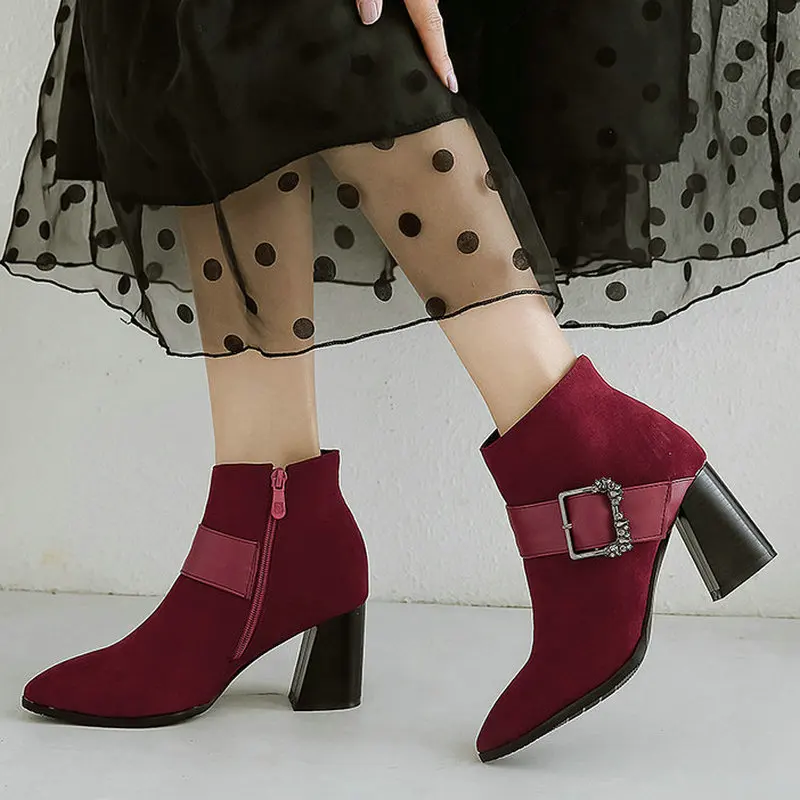 

Women Faux Suede Square High Heel Ankle Boots Fashion Zipper Boots Ladies Pointed Toe Autumn Winter Shoes Women Black Apricot