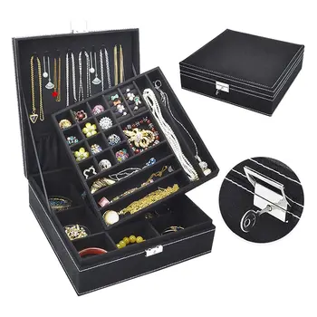 

2020 New Flannel Large Double Drawer Jewelry Box Earring Necklace Bracelet Storage Box Watch Finishing Box